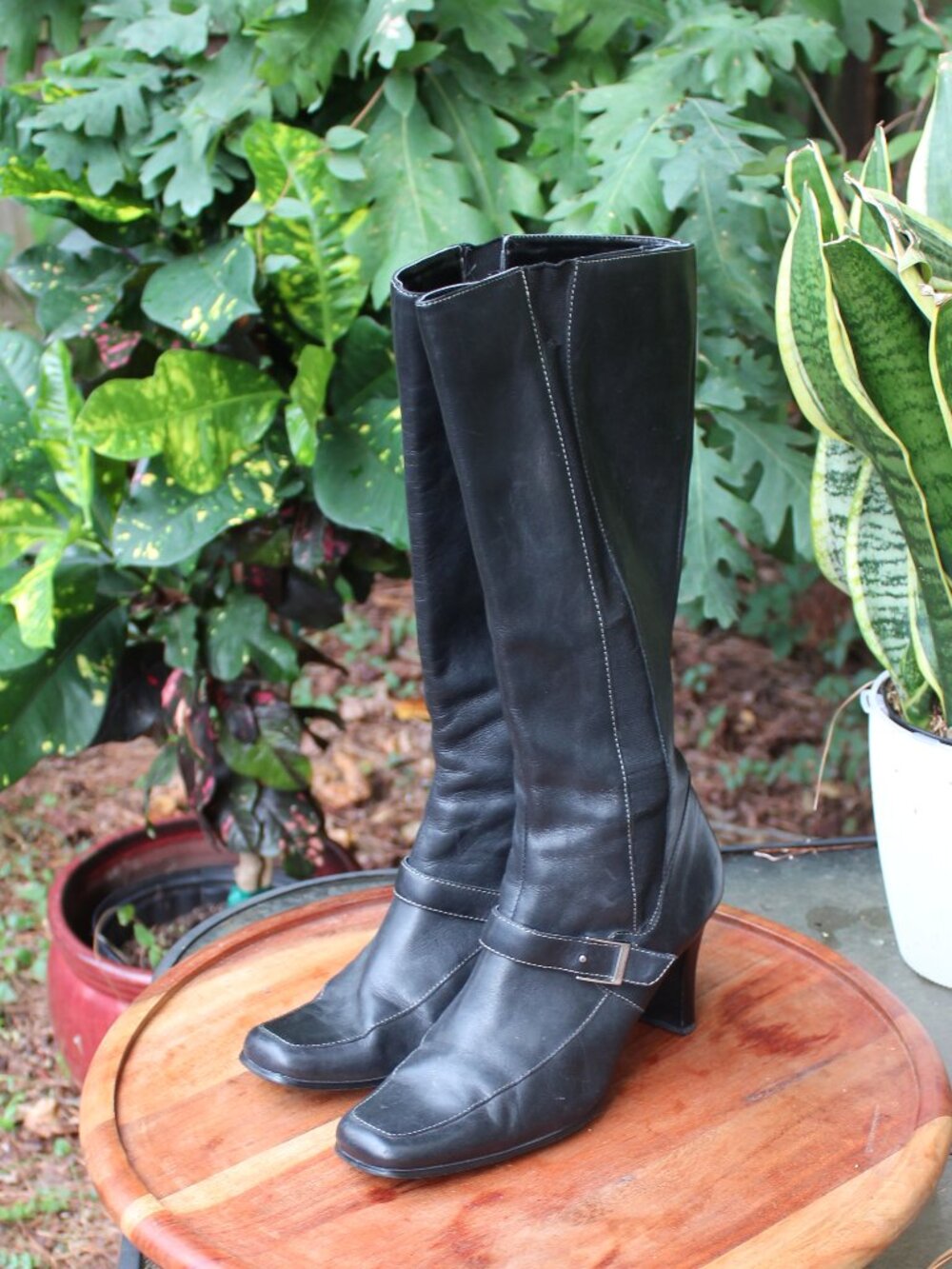Vintage Chic Black Leather Tall Heeled Boots with Ankle Buckle | Size 8.5M